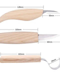 Premium Wood Carving Tools Kit Includes Hella Sharp Sloyd Knife And Hook Blade With Chip Carver, wooden handles and dimensions shown.