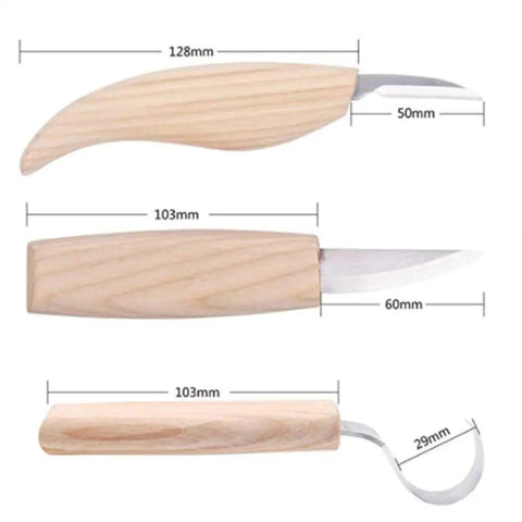 Premium Wood Carving Tools Kit Includes Hella Sharp Sloyd Knife And Hook Blade With Chip Carver, wooden handles and dimensions shown.