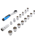 17 Piece Pass Through Socket Set With 72 Tooth Ratchet Wrench Crafted From Tough Chrome Vanadium Steel, includes various socket sizes.
