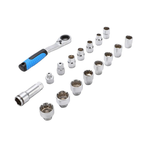 17 Piece Pass Through Socket Set With 72 Tooth Ratchet Wrench Crafted From Tough Chrome Vanadium Steel, includes various socket sizes.