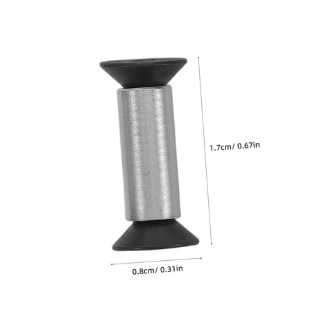 Knife handle rivet screw (front view): silver metal cylinder with black conical ends, 1.7 cm by 0.8 cm