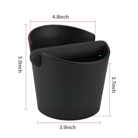 Black Coffee Knock Box Pro Round With Shock Absorbent Base And Removable Bar Non Slip, 4.8in size with measurements