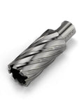 Angled side view of a silver HSS annular cutter with spiral flutes and Weldon shank