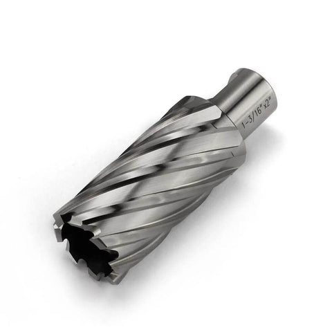 Angled side view of a silver HSS annular cutter with spiral flutes and Weldon shank