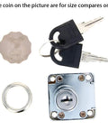 Solid As A Rock Zinc Alloy Square Cabinet Lock Nickel Plated Exterior with keys and round washer for size comparison.