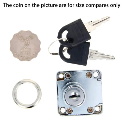 Solid As A Rock Zinc Alloy Square Cabinet Lock Nickel Plated Exterior with keys and round washer for size comparison.