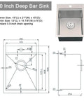 Diagram and top view of Drop In Bar Sink 15 X 21 Inch Single Bowl in 16 Gauge T304 Stainless Steel with dimensions.
