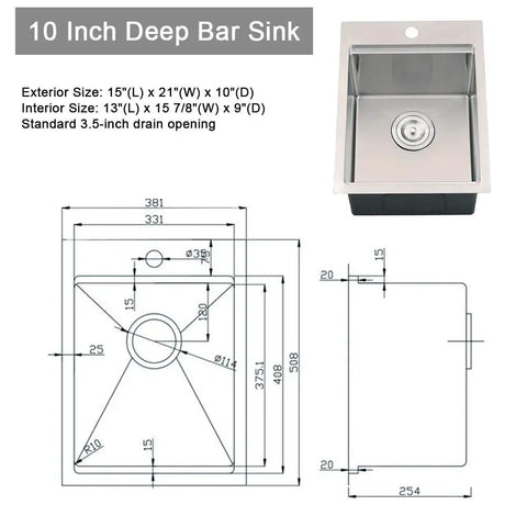Diagram and top view of Drop In Bar Sink 15 X 21 Inch Single Bowl in 16 Gauge T304 Stainless Steel with dimensions.