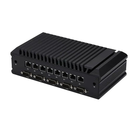 Smooth Operator Fanless Mini Pc With Intel Core I7 10510U Eight No Sweat Cooling Two Point Five Gbe Lan Ports For Home Lab Networking And Enterprise Firewalls Barebone Kit in black with multiple LAN ports and sleek design.