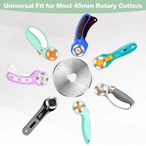 45mm Rotary Cutter Blades Set 10 Pack Replacement Blades for Fabric and Leather showing compatibility with various handles