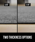 Close-up of two thickness options for felt with rubber rug pad, showing 1/8 inch and 1/4 inch thickness, on hardwood floor.