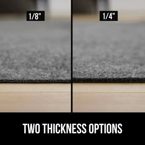 Close-up of two thickness options for felt with rubber rug pad, showing 1/8 inch and 1/4 inch thickness, on hardwood floor.