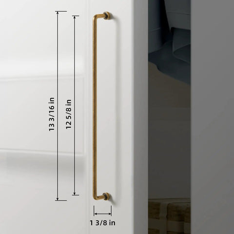 6 Pack Sweet Vintage Vibes Antique Brass Cabinet Bar Pulls with 12 5/8 Inch Center to Center Spacing for Kitchen Cabinets and Drawers Easy Retro Home Hardware Upgrade on a white cabinet door.