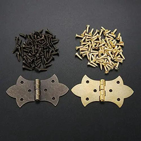 Antique Bronze Gold Flower Metal Butt Hinges For Cabinets And Jewelry Boxes 57 By 31mm with screws on display