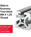 Slide In M8 T Nuts For 1.5 Inch, 40mm And 45mm Aluminum Extrusions, Steel ST50 With Zinc Finish in 1.5" T-slot profile