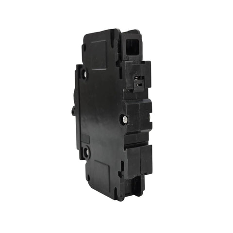 Beefy 15 Amp Miniature Circuit Breaker 1 Pole 120 and 240 Volt DIN Rail or Surface Mount shown from the side, black plastic housing.