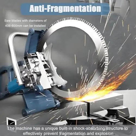 Killer 8800W Brushless Electric Concrete Circular Saw With Smart Water Pump, showing anti-fragmentation feature and sparks during cutting.