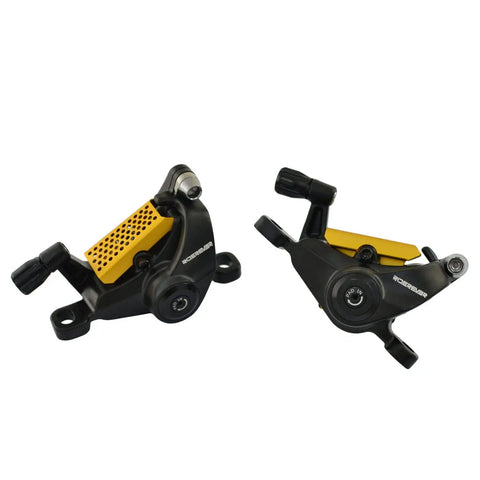 Front And Rear Post Mount Mechanical Disc Brake Set Including Matched Rotors In Classic Black Gold Finish showing detailed calipers.