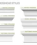 Various crosshead molding styles including Bedford at 3 1/2 inches, factory primed polyurethane, for exterior or interior use.