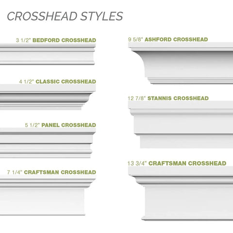 Various crosshead molding styles including Bedford at 3 1/2 inches, factory primed polyurethane, for exterior or interior use.