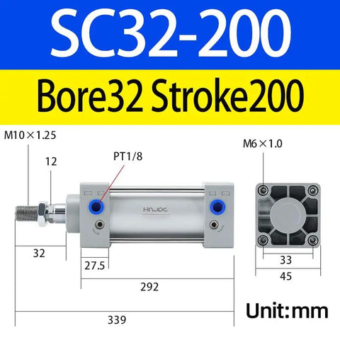Diagram of Double Acting Aluminum Pneumatic Cylinder 1-1/4 Inch Bore And 8 Inch Stroke PT1/8 Port Heavy Duty SC32X200 dimensions