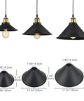 4 Pack 11.8 Inch Industrial Vintage Metal Bulb Guard Pendant Light Holder With Cone Shade Hanging Ceiling Lamp Rustic Farmhouse Style E26 E27 Socket Ready Decorative Ring Not Included showing different shade sizes and dimensions.