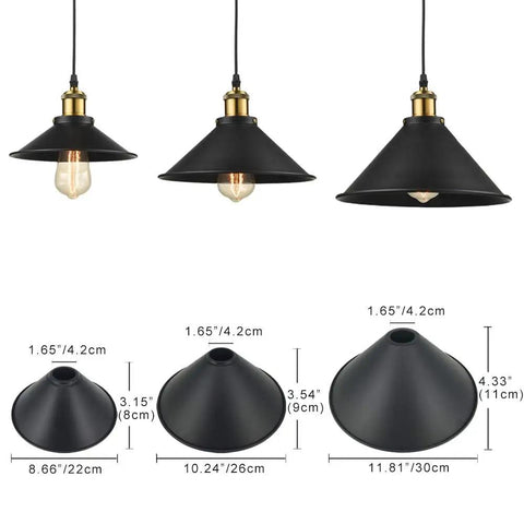 4 Pack 11.8 Inch Industrial Vintage Metal Bulb Guard Pendant Light Holder With Cone Shade Hanging Ceiling Lamp Rustic Farmhouse Style E26 E27 Socket Ready Decorative Ring Not Included showing different shade sizes and dimensions.