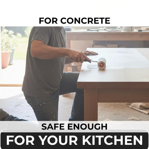 Person applying Pro Grade Water Based Concrete Countertop Sealer Kit Food Safe Formula on a concrete surface in a workshop.