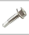 Hex washer head self-drilling Tek screw, stainless steel, #8 x 2 in, close-up view