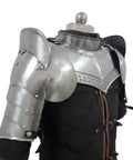 Iron Armor Gorget Set With Pauldrons And Spaulders For Medieval Cosplay, Steel Finish Costume Armor Shield, side view
