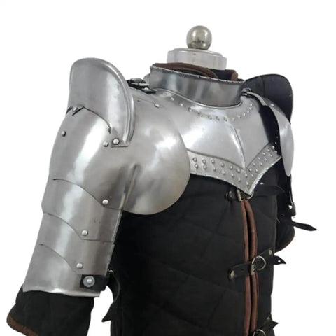 Iron Armor Gorget Set With Pauldrons And Spaulders For Medieval Cosplay, Steel Finish Costume Armor Shield, side view
