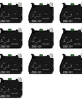 Ten Pack Of ZBE101 22 Millimeter Push Button Auxiliary Contact Block with one normally open switch, solid black housing.