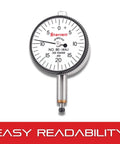 Front view of Miniature Dial Indicator With Jewel Bearings, Lug-On-Center Back, White Face, 0 To 0.100 Inch Range