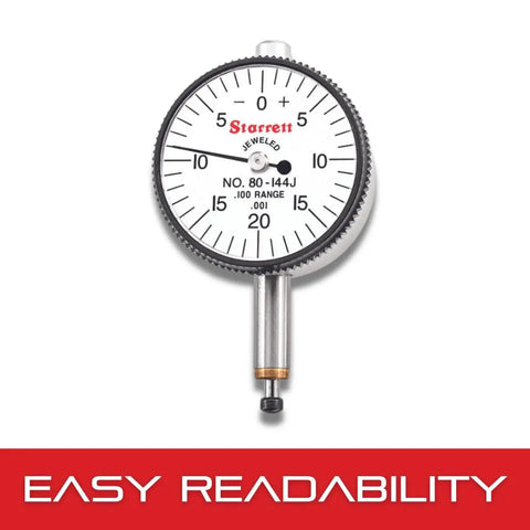 Front view of Miniature Dial Indicator With Jewel Bearings, Lug-On-Center Back, White Face, 0 To 0.100 Inch Range