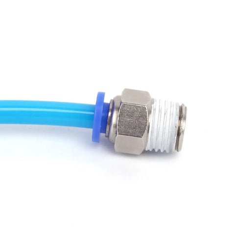 Close-up of One Quarter Inch Tube OD To One Quarter Inch NPT Male Straight Push To Connect Pneumatic Fittings Nickel Plated Brass installed