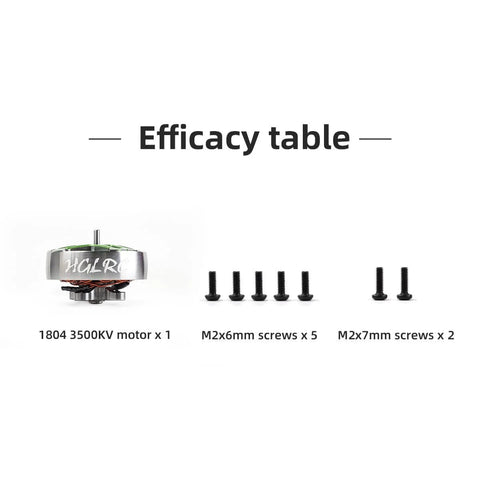 Efficacy table showing the Specter 1804-3500KV 4S Brushless Motor for 3-3.5 inch FPV freestyle drones with screws