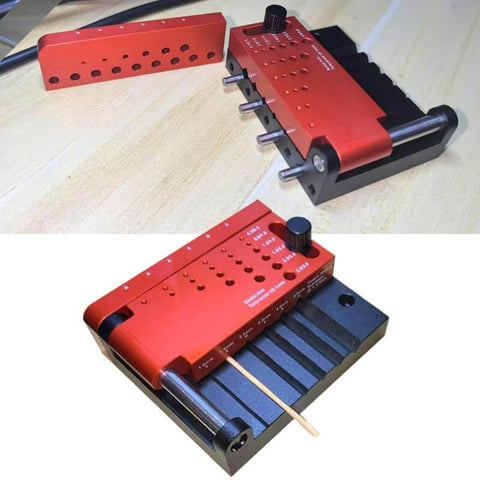 Center Locator Drill Guide Jig for DIY Projects, precision dowel drill guide with self centering action on a workbench.