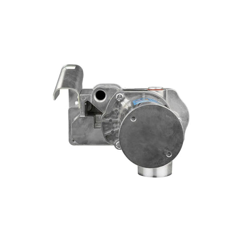 Built Tough 12V Direct Mount Fuel Transfer Pump 15 GPM for Gasoline Diesel Kerosene with metal housing and nozzle holder.