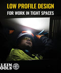 Person working in ceiling space wearing rechargeable LED wide beam headlamp with hard hat mounts for work, 770 lumens.