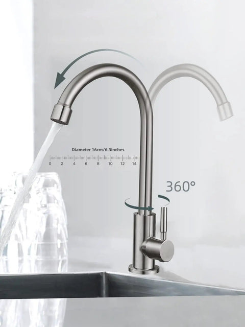 Level Up Your Kitchen Setup With This Top Shelf Cold Water Only Faucet Crafted From Lead Free SUS304 Stainless Steel Featuring A Smooth 360 Degree Swivel And Durable Brushed Nickel Finish, showing 360 degree spout and brushed nickel handle.