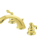 Vintage Victorian Style Widespread Bathroom Faucet in Polished Brass, solid brass construction, deck mount 8 to 16 inch spread, 3-hole setup
