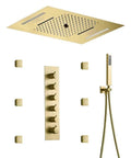 Top Shelf Led Shower System With Built In Bluetooth Speakers And 15X23 Panel Delivers Dope Mist To Heavy Pressure Body Jet Functions Complete With Thermostatic Mixing Valve, gold shower panel with six jets.