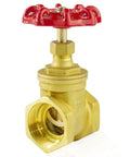 One And A Half Inch BSPP Brass Gate Valve Manual Rotary Sluice With Two Way Flow, brass construction, red handwheel, shown upright.
