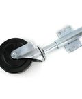 5 Inch Spring Loaded Rubber Door Wheel Caster Built Like A Tank For Zero Hassle Rolling On Rough Outdoors view of caster wheel with metal bracket.