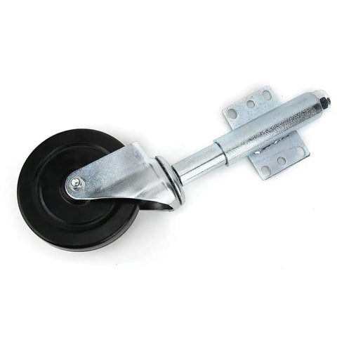 5 Inch Spring Loaded Rubber Door Wheel Caster Built Like A Tank For Zero Hassle Rolling On Rough Outdoors view of caster wheel with metal bracket.