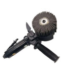 Badass Heavy Duty Pneumatic Angle Grinder And Sander For Metalworking Polishing And Deburring Rigged With Compressed Air Power To Crush Tough Industrial Jobs All Day Long Without Quitting Or Slacking Off, showing black handle and brush attachment.