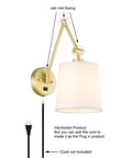 Brass Wall Lamps Set Of 2 With White Fabric Shade, Vintage Modern Sconce Lighting, Hardwired Wall Mount, On Off Switch
