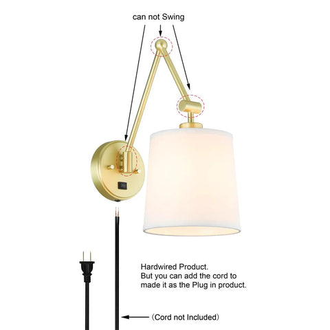Brass Wall Lamps Set Of 2 With White Fabric Shade, Vintage Modern Sconce Lighting, Hardwired Wall Mount, On Off Switch
