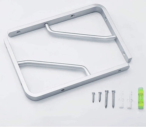 Two Piece Solid Aluminum Alloy Corner Shelf Brackets Rock Solid Wall Mount Support With Matching Screw Kit and Slick Rounded Edges, with screws and level.