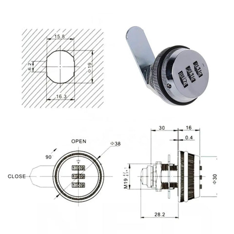 3 Digit Combination Cabinet Lock Zinc Alloy Cam Lock For Drawers And Mailboxes Resettable Keyless Security with technical dimensions